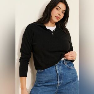 PILCRO Jensen Cashmere Crop Polo Sweater Black 3X Anthropologie Collared
